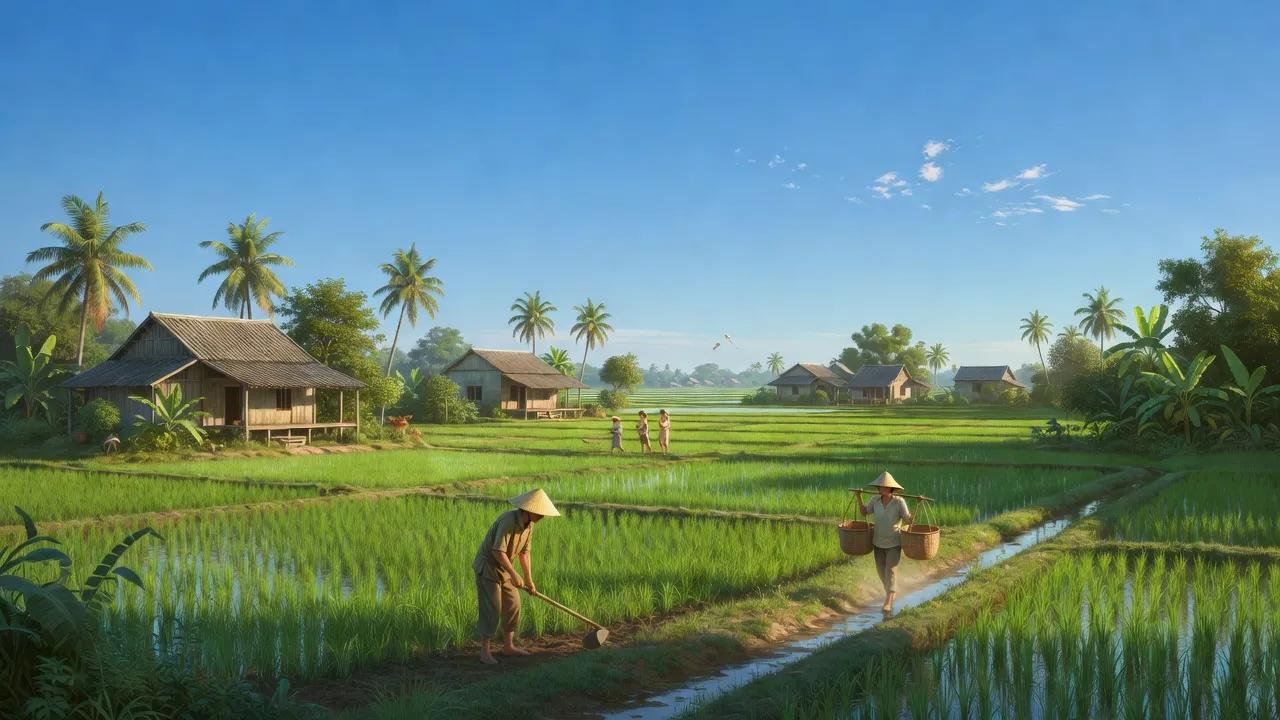 Phong cảnh xã Phước Quang, huyện Tuy Phước, tỉnh Bình Định với cánh đồng và bầu trời xanh.