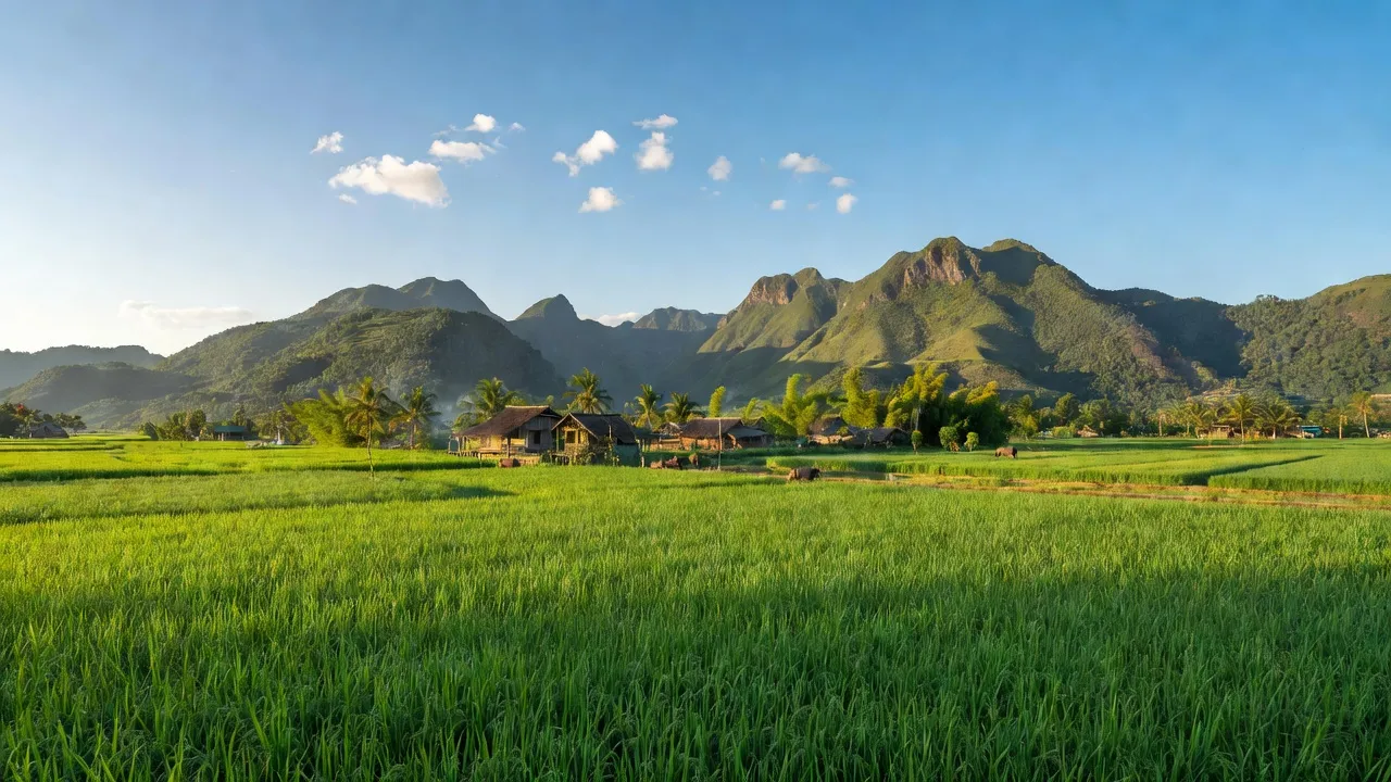 Cảnh quan xanh tươi ở xã Phước Sơn, Tuy Phước, Bình Định với núi non và bầu trời sáng.