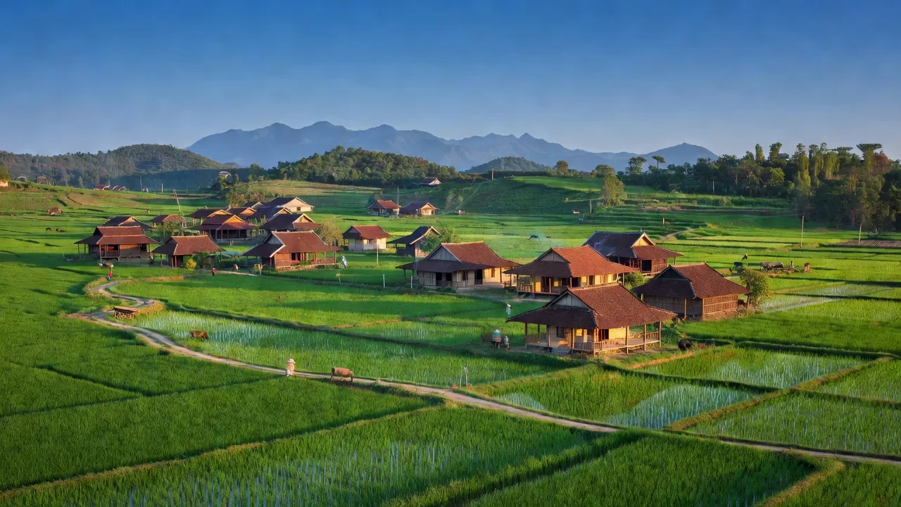 Xã Phước Thành, huyện Tuy Phước, tỉnh Bình Định, với những cánh đồng xanh tươi và núi non hùng vĩ.