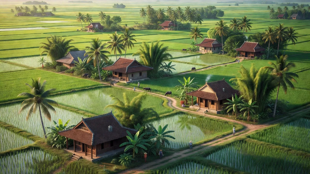 Cảnh quan nông thôn xã Phước Thuận, huyện Tuy Phước, tỉnh Bình Định với cánh đồng xanh và nhà truyền thống.