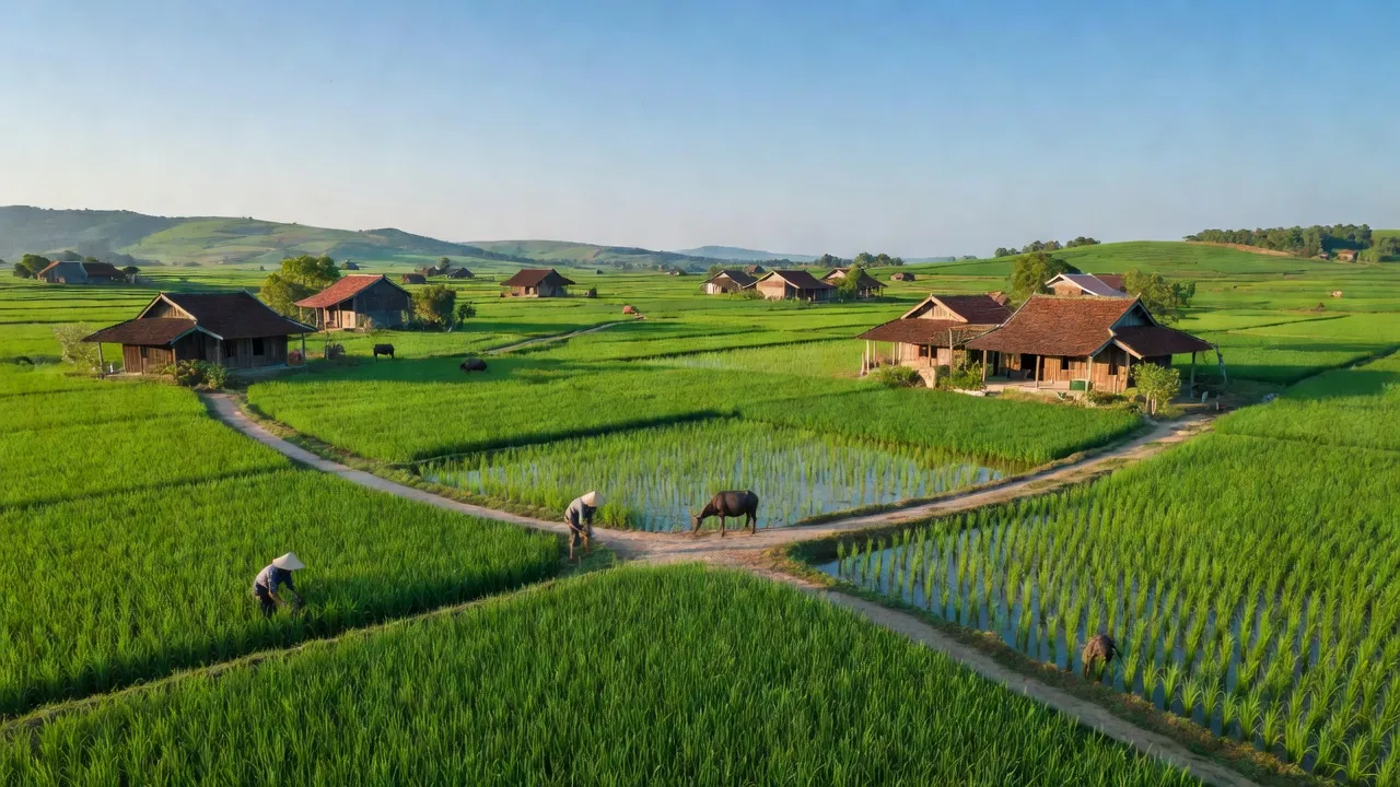 Toàn cảnh xã Phước Thuận, huyện Tuy Phước, Bình Định với cánh đồng xanh tươi và nhà truyền thống.