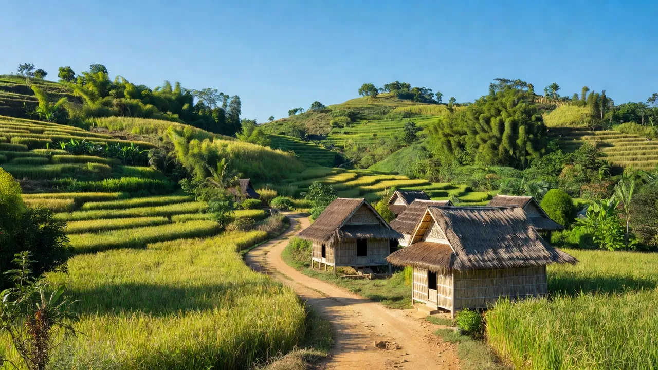 Khung cảnh huyện Vân Canh, Bình Định với đồi núi và nhà dân tộc Chăm H’roi.