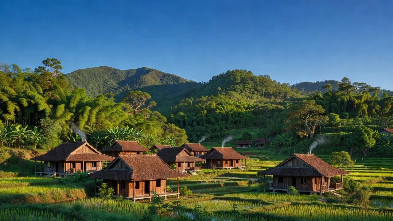 Cảnh quan xã Canh Hiển, huyện Vân Canh, tỉnh Bình Định với núi non xanh tươi và nhà truyền thống.