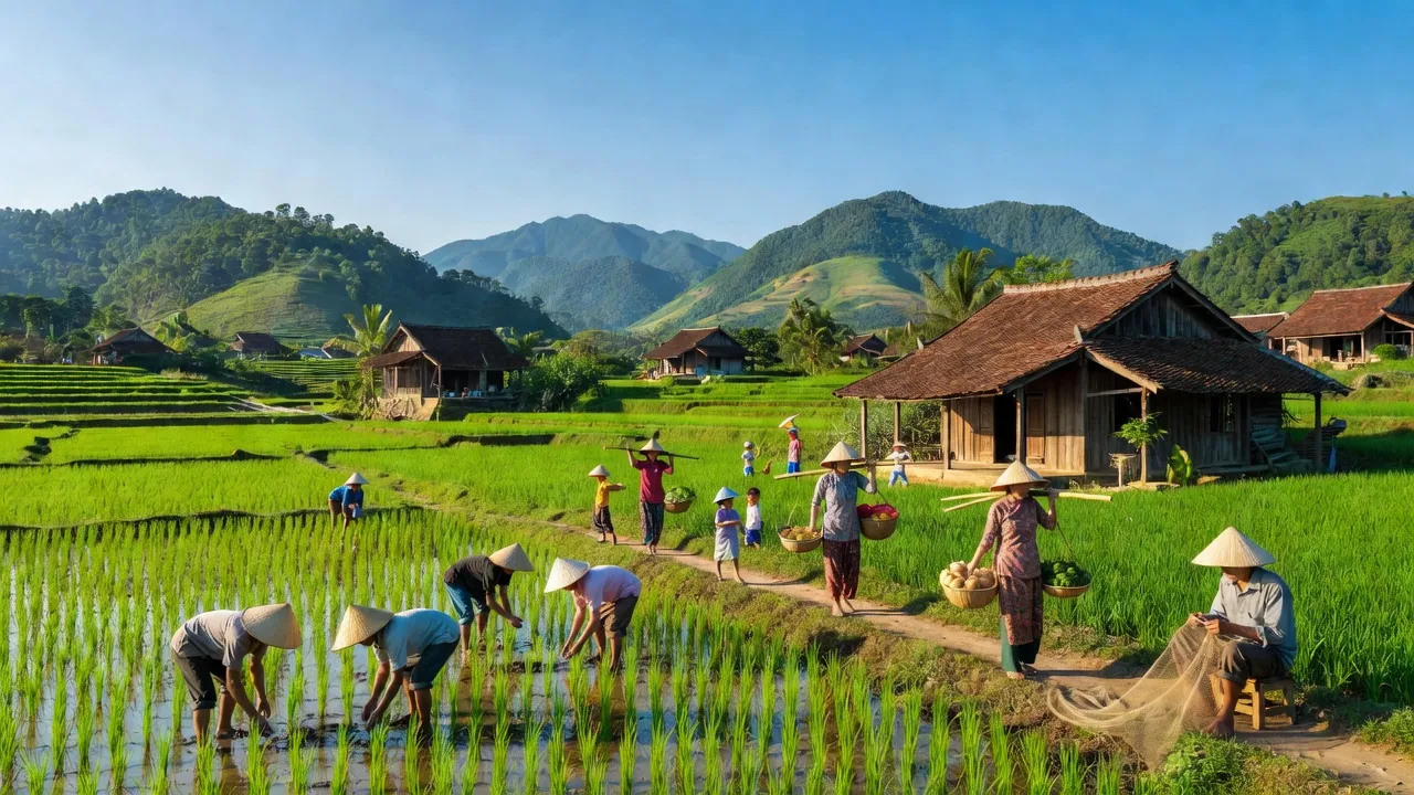 Cảnh sắc thiên nhiên xã Canh Hiển, huyện Vân Canh, tỉnh Bình Định với núi non xanh tươi và nhà truyền thống.