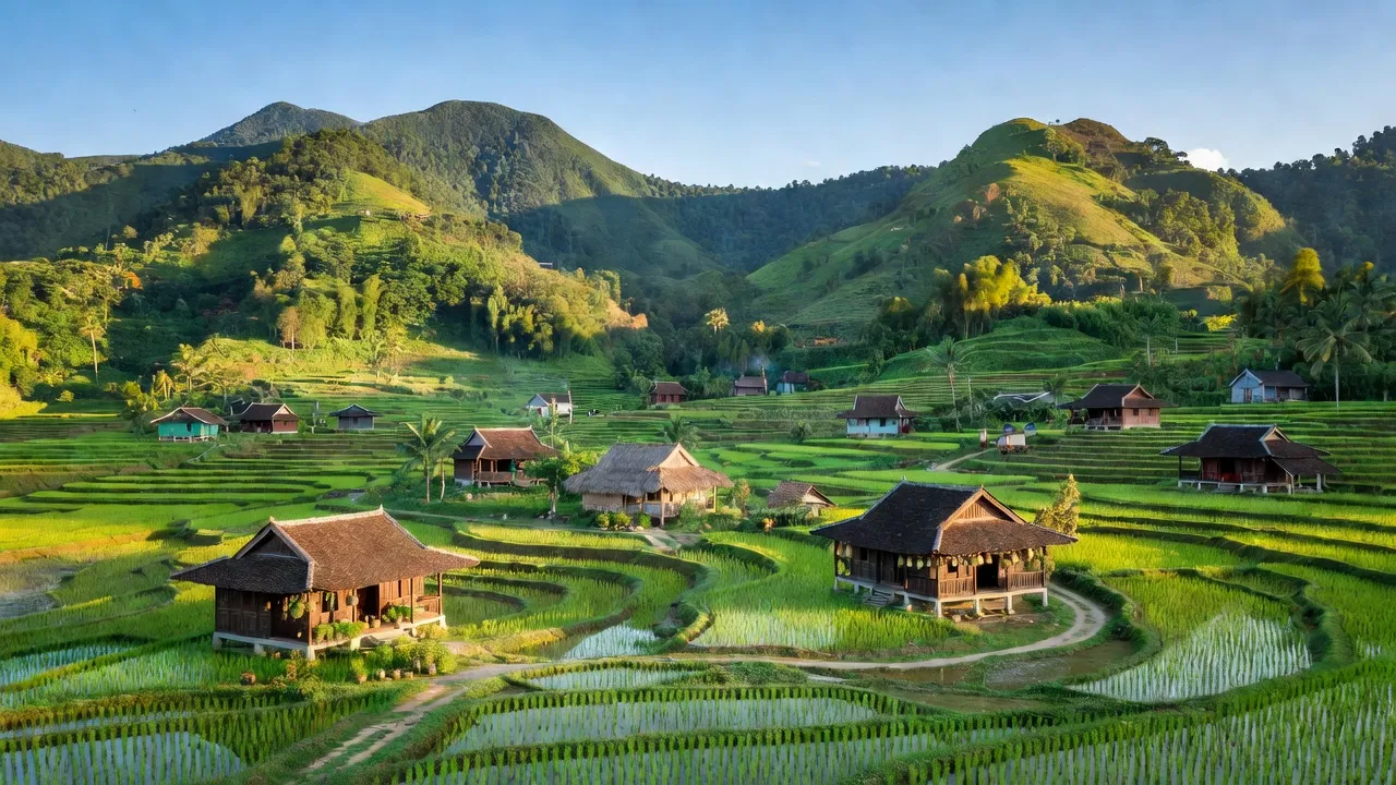 Cảnh quan xanh tươi của Xã Canh Liên, huyện Vân Canh, Bình Định, nhà truyền thống và ruộng bậc thang.