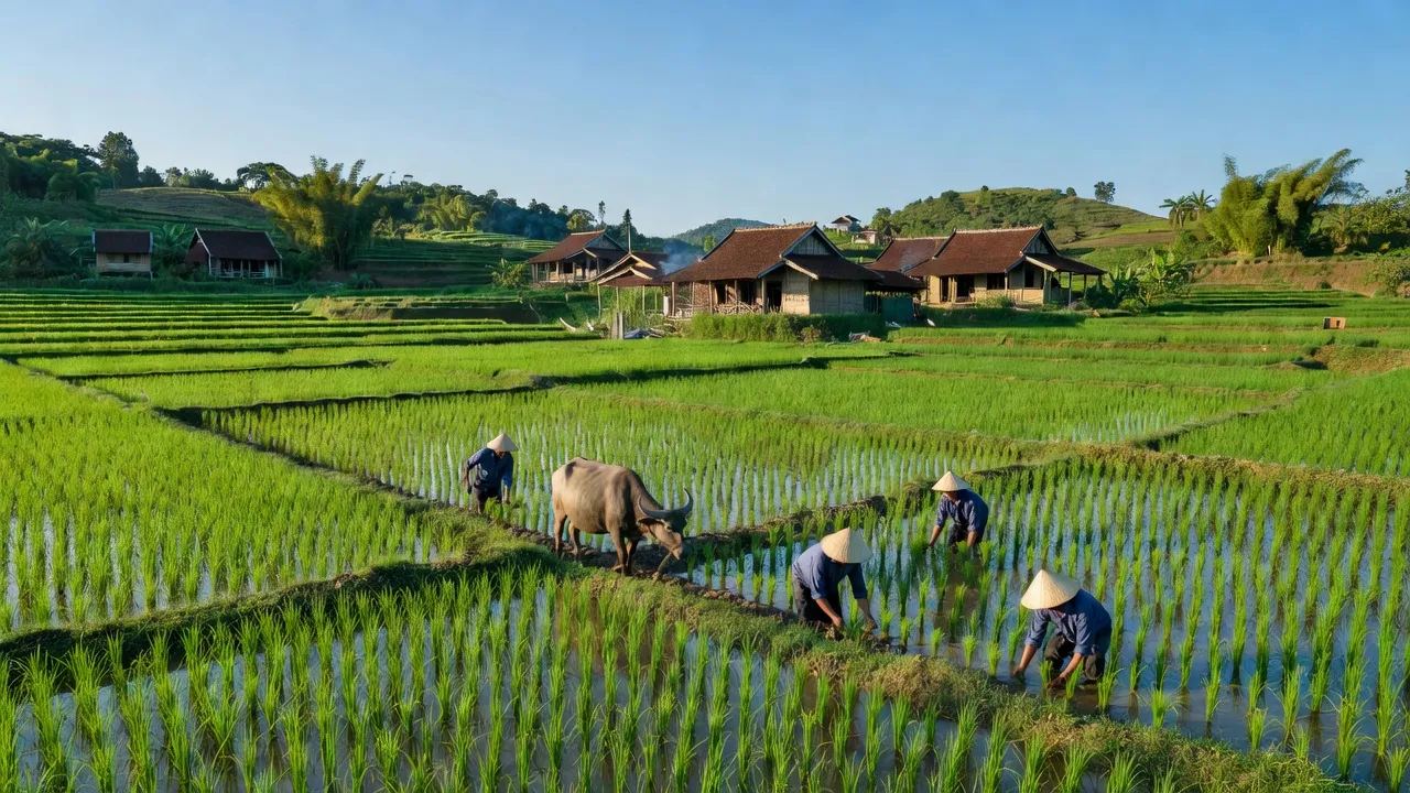 Cảnh quan xã Canh Thuận, huyện Vân Canh, tỉnh Bình Định, đồng ruộng xanh và nhà truyền thống.