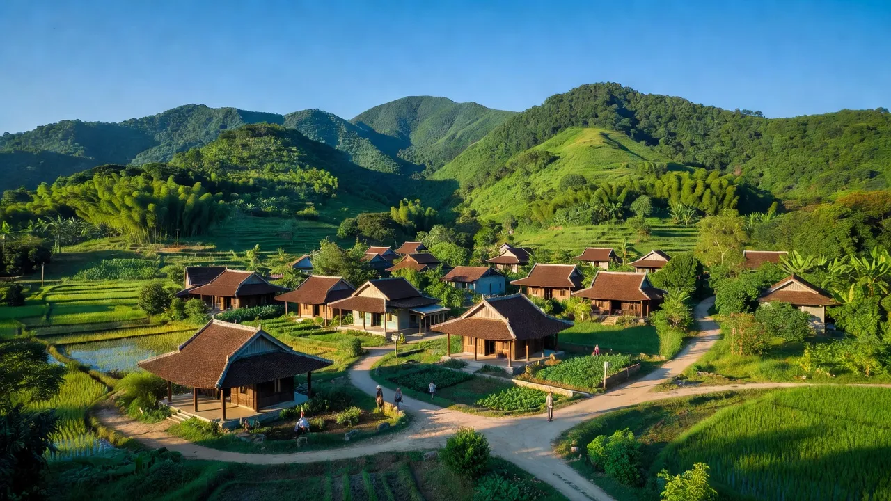 Cảnh quan xã Canh Vinh, huyện Vân Canh, tỉnh Bình Định với núi xanh và nhà truyền thống.