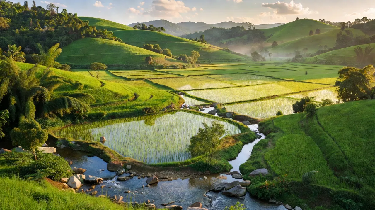 Khung cảnh thiên nhiên tại xã Canh Vinh, huyện Vân Canh, tỉnh Bình Định với đồi núi và cánh đồng xanh.