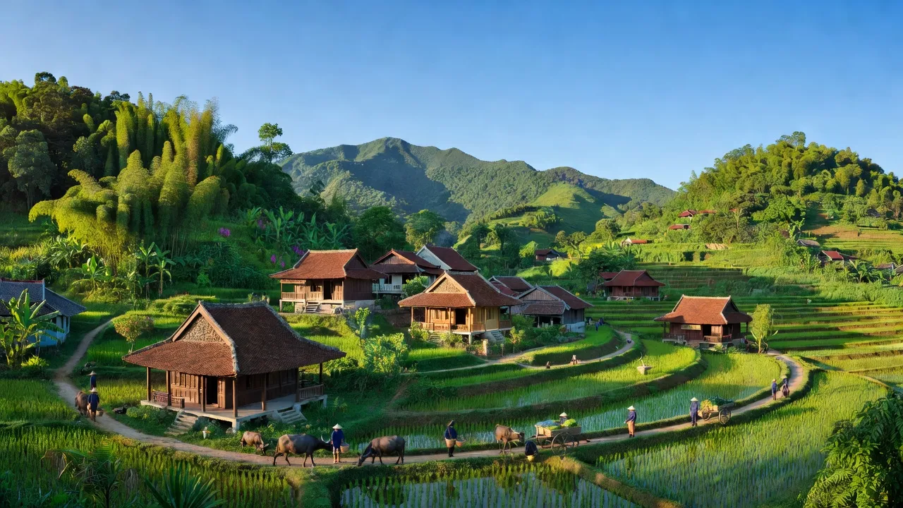 Khung cảnh huyện Vĩnh Thạnh, Bình Định: núi xanh, nhà truyền thống và vẻ đẹp nông thôn.