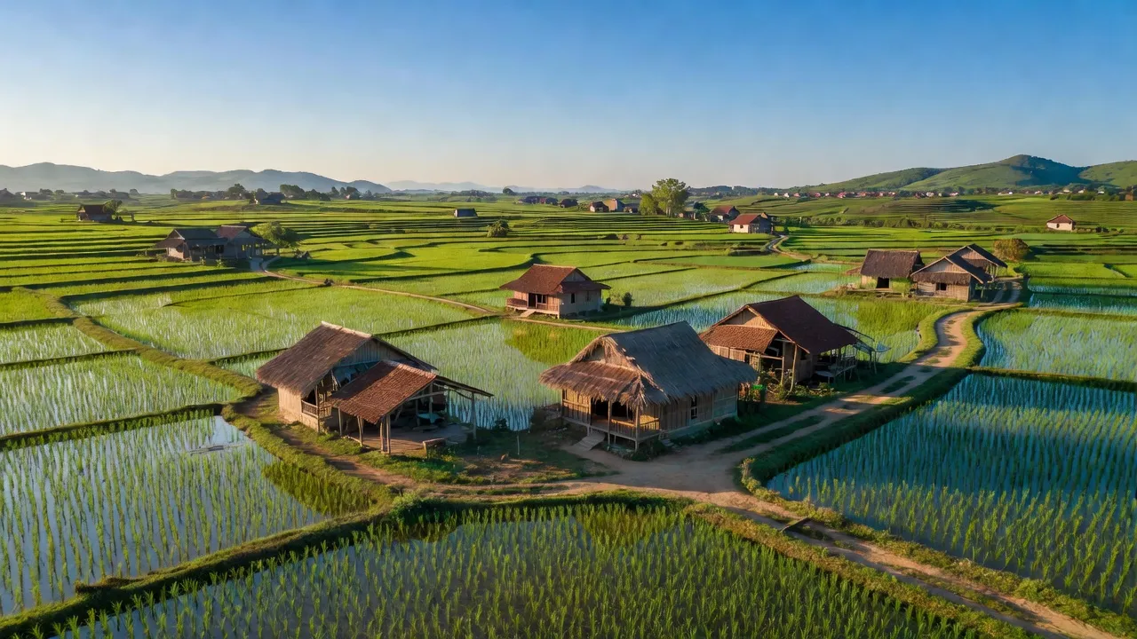 Khung cảnh làng Vĩnh Hảo, huyện Vĩnh Thạnh, tỉnh Bình Định với cánh đồng xanh và nhà truyền thống.