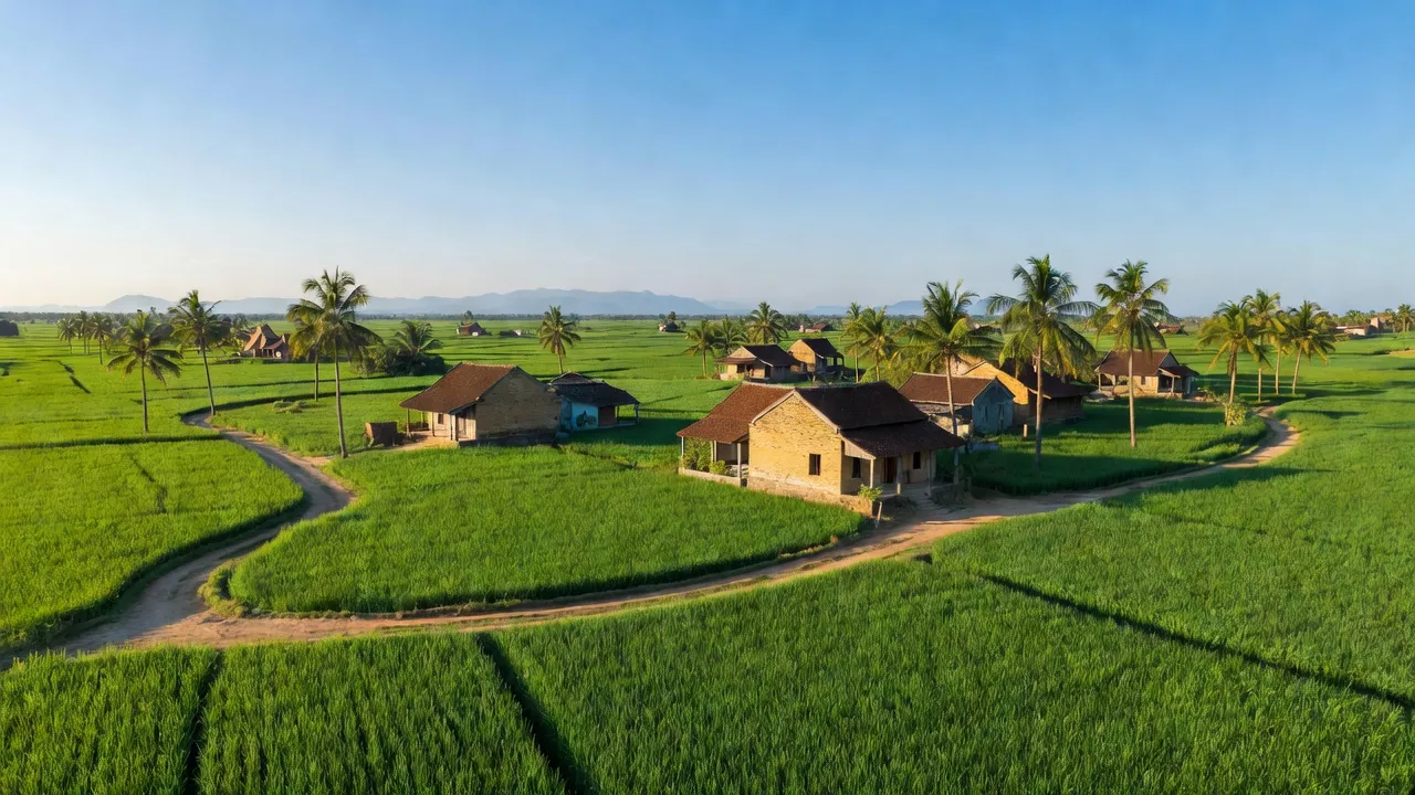 Vĩnh Hảo village, Vĩnh Thạnh district, Bình Định with green rice fields and traditional houses.