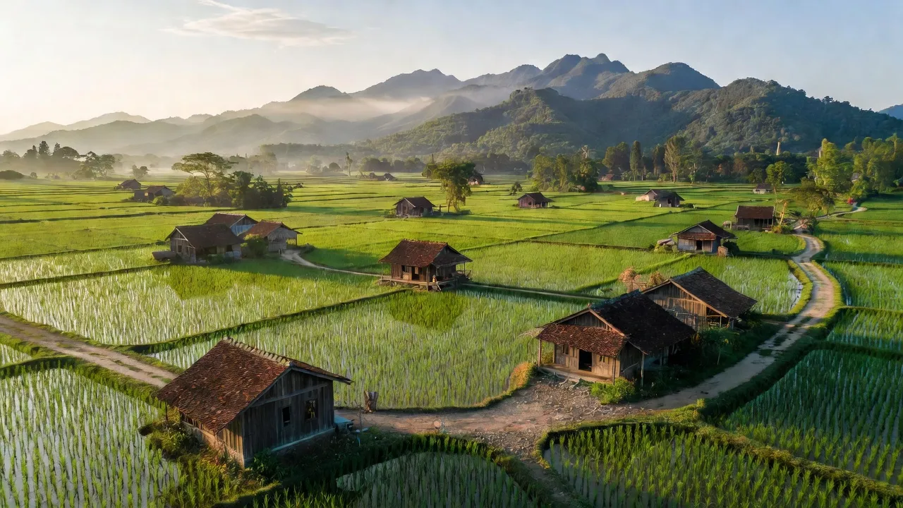 Khung cảnh yên bình của xã Vĩnh Hòa, huyện Vĩnh Thạnh, tỉnh Bình Định với đồng xanh và núi.