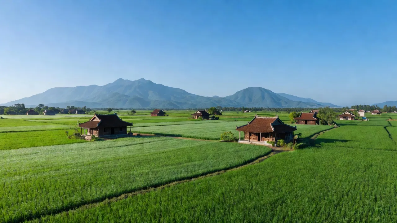 Cảnh đẹp nông thôn Xã Vĩnh Kim, huyện Vĩnh Thạnh, tỉnh Bình Định với cánh đồng xanh và núi.