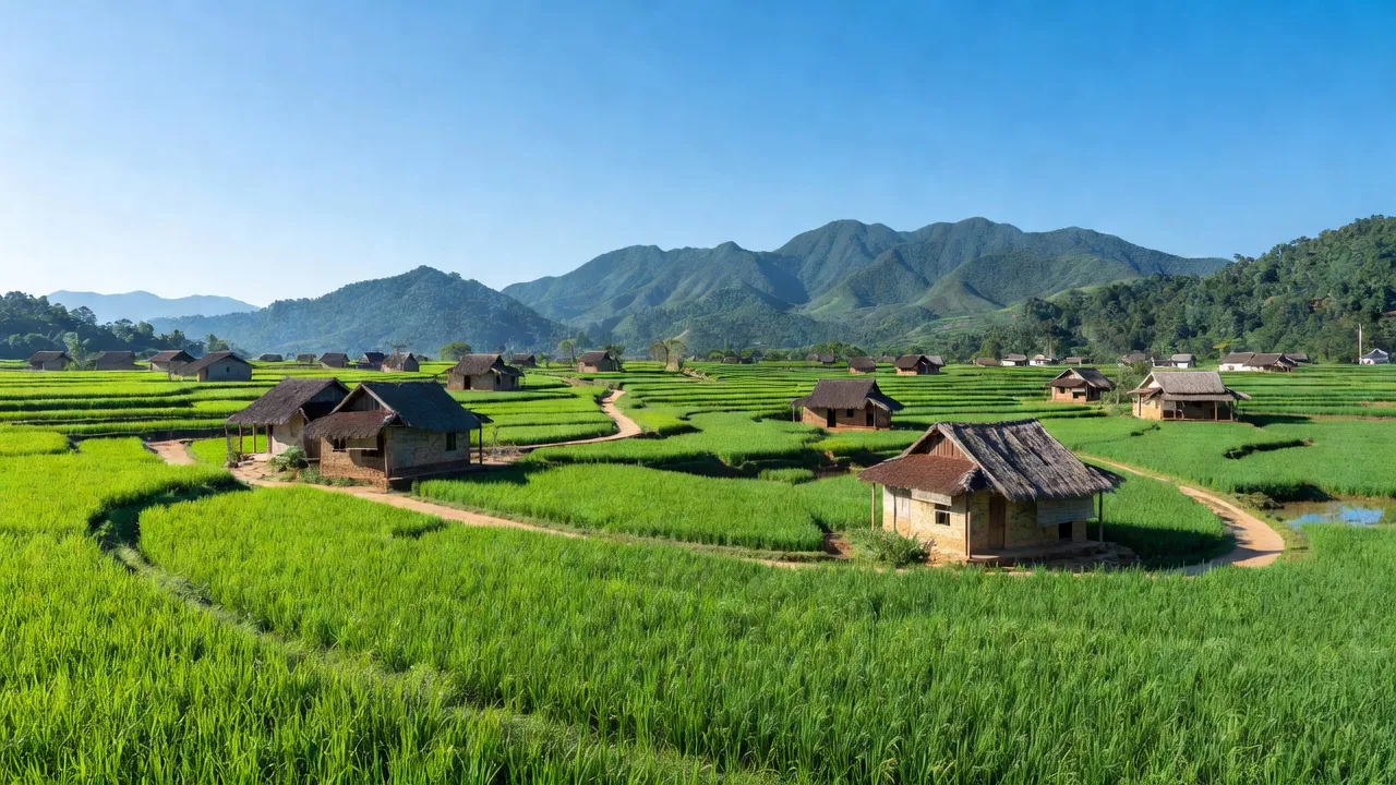 Cảnh quan xã Vĩnh Quang tỉnh Bình Định, đồng xanh, nhà truyền thống, trời trong xanh.