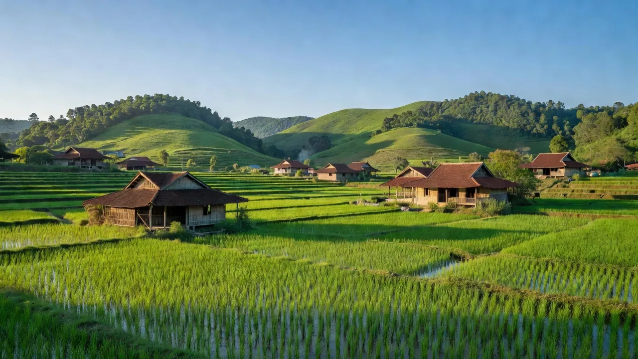 Phong cảnh xã Vĩnh Quang, huyện Vĩnh Thạnh, tỉnh Bình Định với đồng xanh và nhà truyền thống.