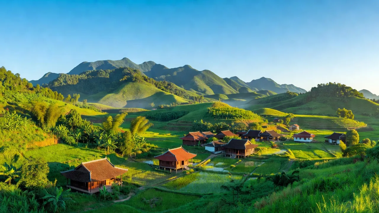 Cảnh quan Vĩnh Sơn, huyện Vĩnh Thạnh, tỉnh Bình Định với núi non và nhà truyền thống.