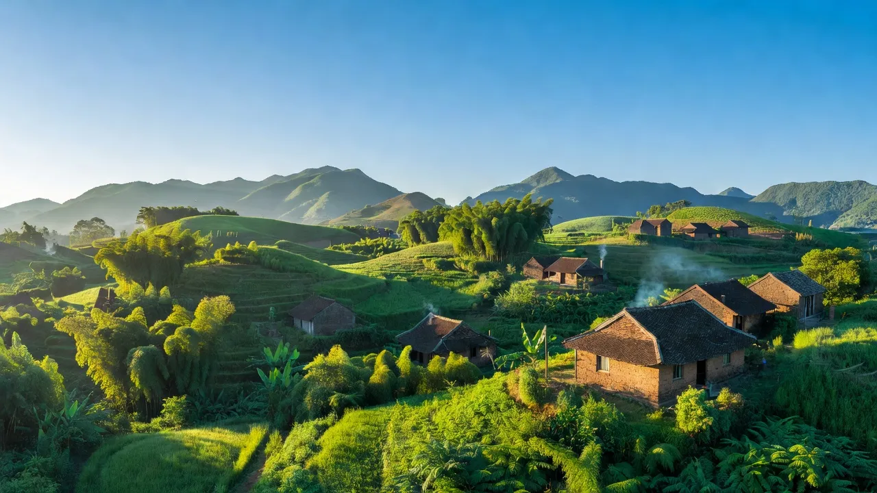 Cảnh quan xã Vĩnh Sơn, huyện Vĩnh Thạnh, tỉnh Bình Định với đồi núi và nhà truyền thống.