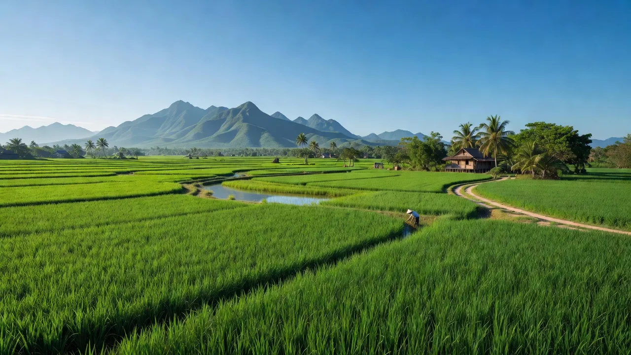 Cảnh quan xã Vĩnh Thuận huyện Vĩnh Thạnh, tỉnh Bình Định, với cánh đồng xanh và núi non hùng vĩ.
