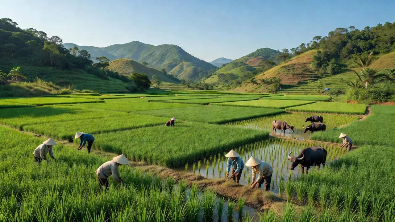 Khung cảnh nông thôn xã Vĩnh Thuận, huyện Vĩnh Thạnh, tỉnh Bình Định với cánh đồng và đồi núi.