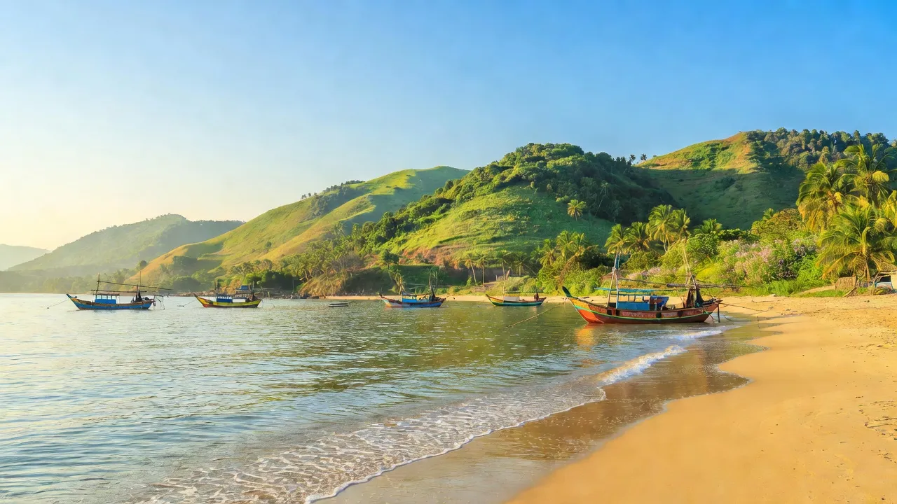 Bình Định province coastal landscape with beaches, hills, and traditional fishing boats under clear blue sky.