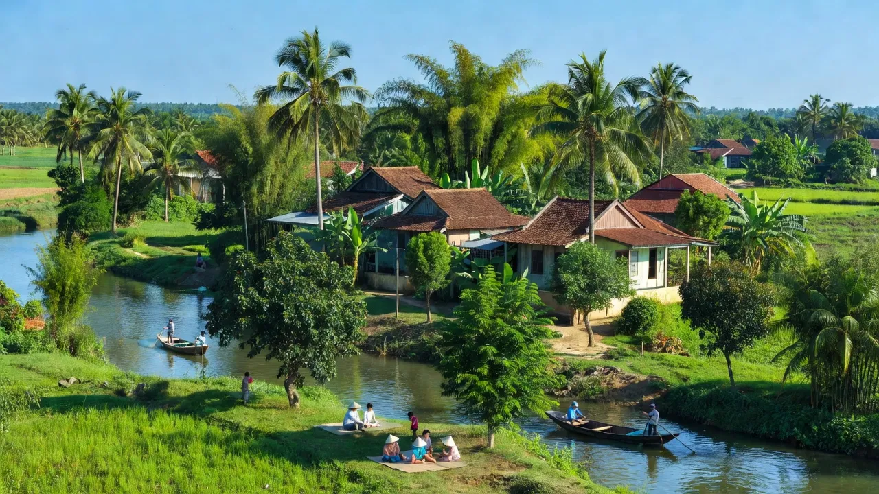 Cảnh quan xanh tươi ở xã Bình Mỹ, Huyện Bắc Tân Uyên, tỉnh Bình Dương với sông Đồng Nai.