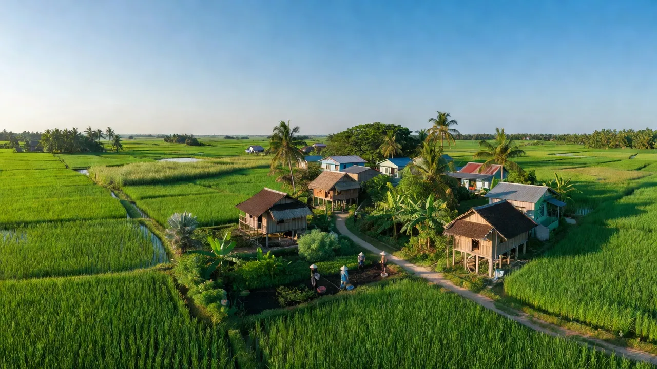 Khung cảnh xã Đất Cuốc, huyện Bắc Tân Uyên, Bình Dương với cánh đồng xanh tươi và kiến trúc địa phương.