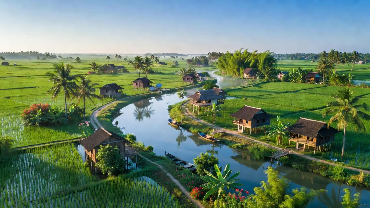 Khung cảnh yên bình tại xã Đất Cuốc, huyện Bắc Tân Uyên, tỉnh Bình Dương với cánh đồng xanh.