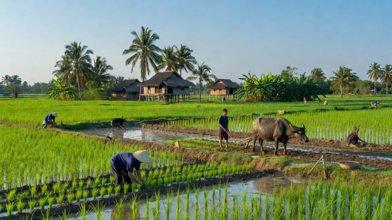 Cảnh nông thôn Xã Hiếu Liêm, Bắc Tân Uyên, tỉnh Bình Dương với đồng ruộng xanh tươi.