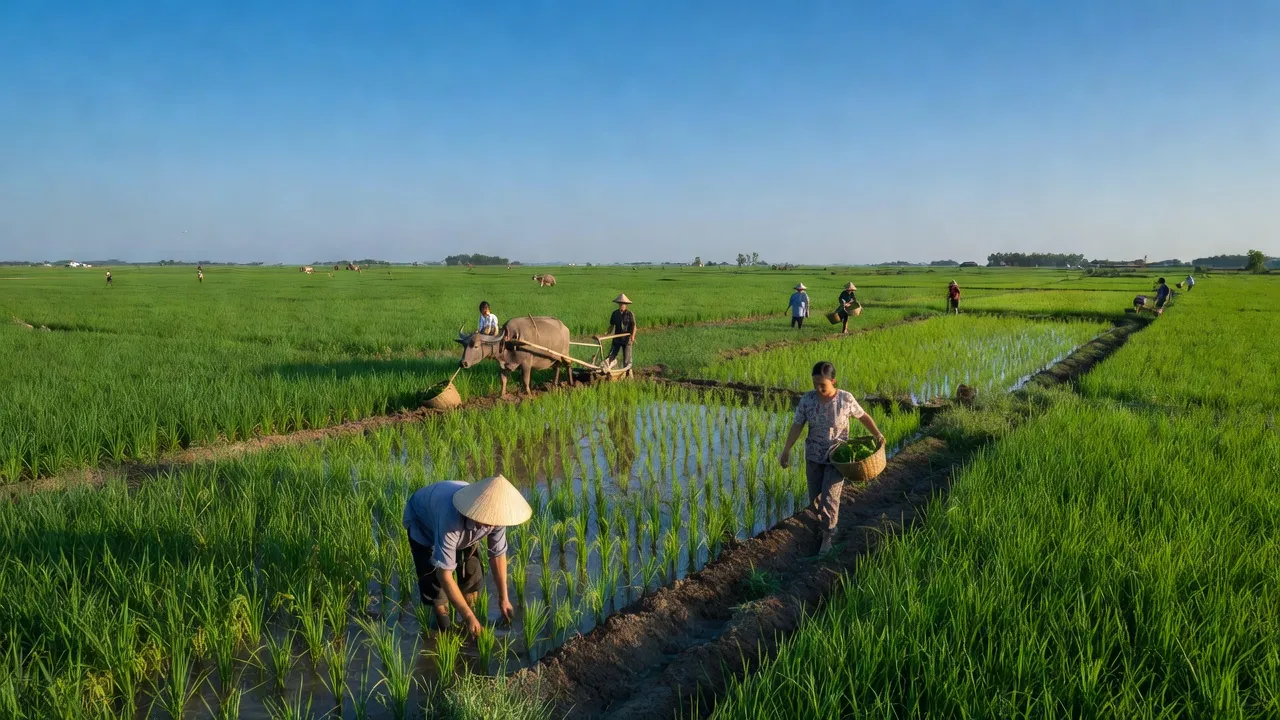 Cảnh quan nông thôn Hiếu Liêm, Bắc Tân Uyên với cánh đồng xanh và người nông dân làm việc.