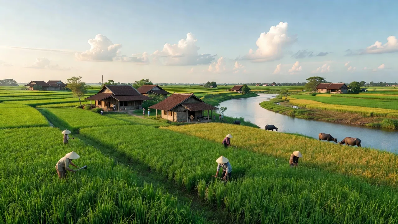 Cảnh đẹp xã Lạc An, huyện Bắc Tân Uyên, tỉnh Bình Dương với ruộng lúa và sông Đồng Nai.