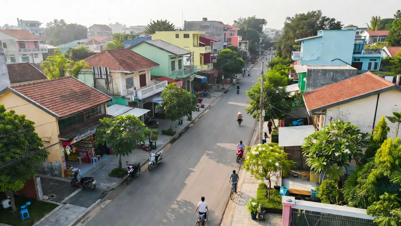 Thị trấn Tân Bình, huyện Bắc Tân Uyên, tỉnh Bình Dương với cảnh quan đô thị và giao thông nội huyện.