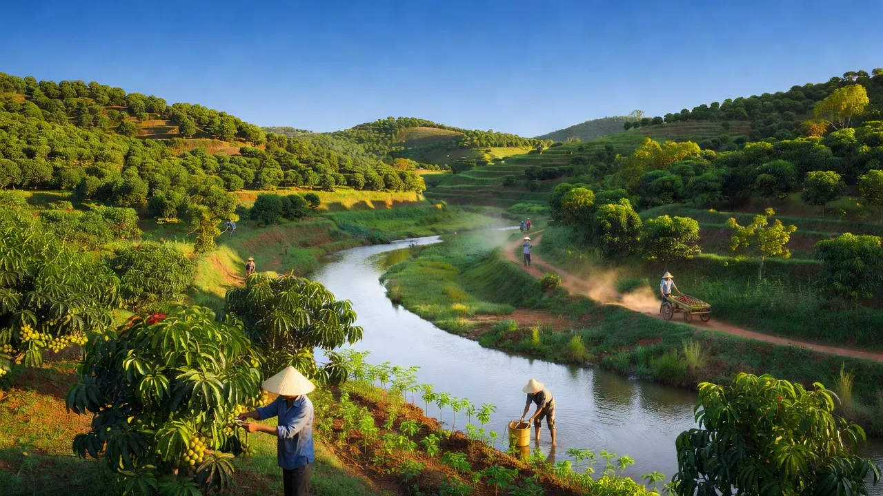 Khung cảnh xã Tân Định, huyện Bắc Tân Uyên, với những vườn cây ăn trái xanh mát và sông nước.