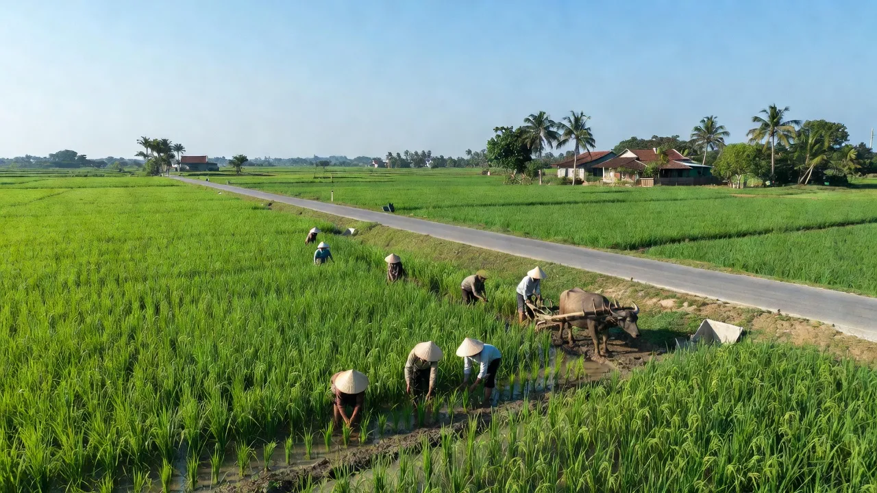 Cảnh sắc nông thôn xã Tân Lập, huyện Bắc Tân Uyên, tỉnh Bình Dương với cánh đồng xanh tươi.