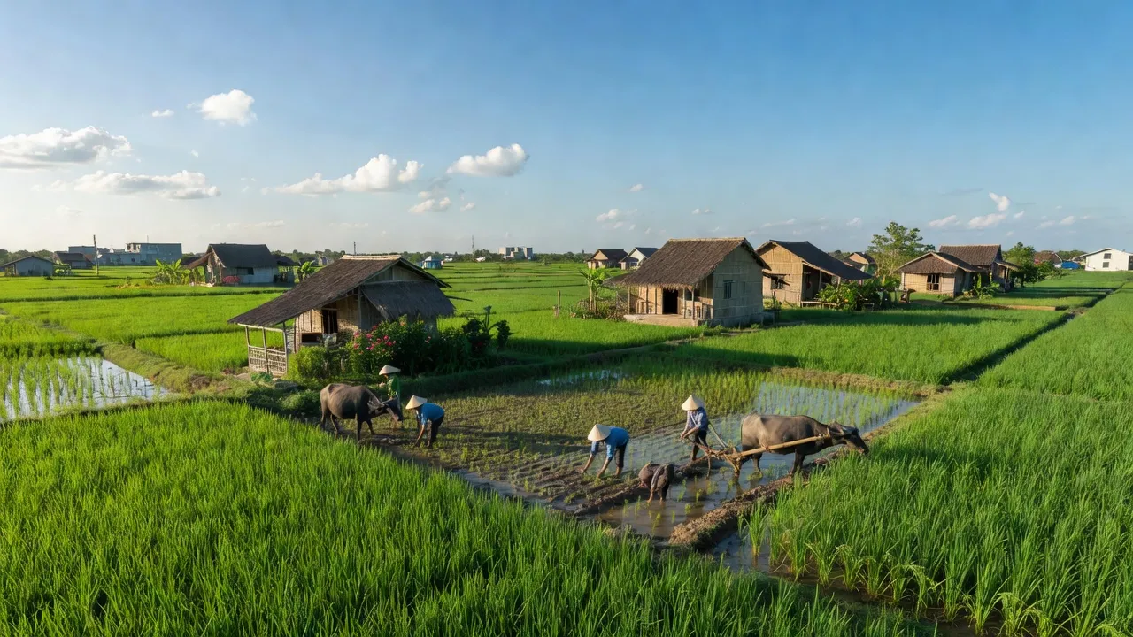 Khung cảnh xã Tân Mỹ huyện Bắc Tân Uyên, Bình Dương với cánh đồng xanh mướt, nhà truyền thống và người nông dân.