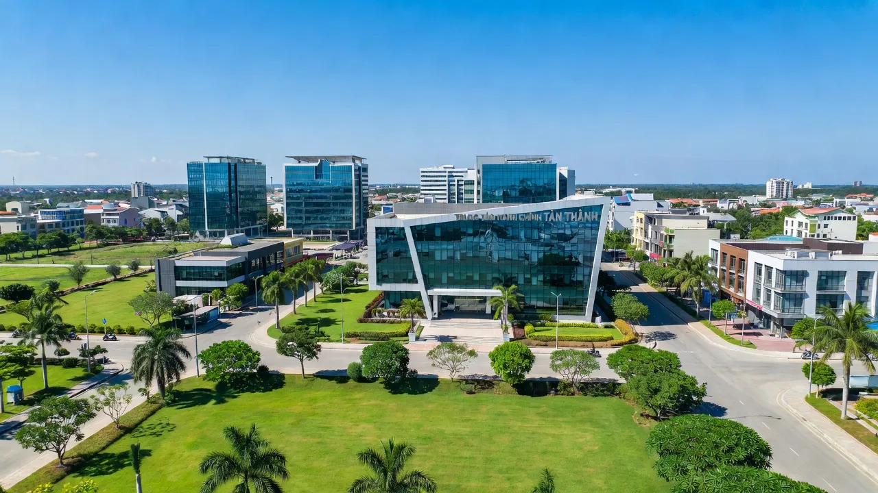 Tân Thành, Bắc Tân Uyên, Bình Dương, administrative center with lush greenery and bright sky.