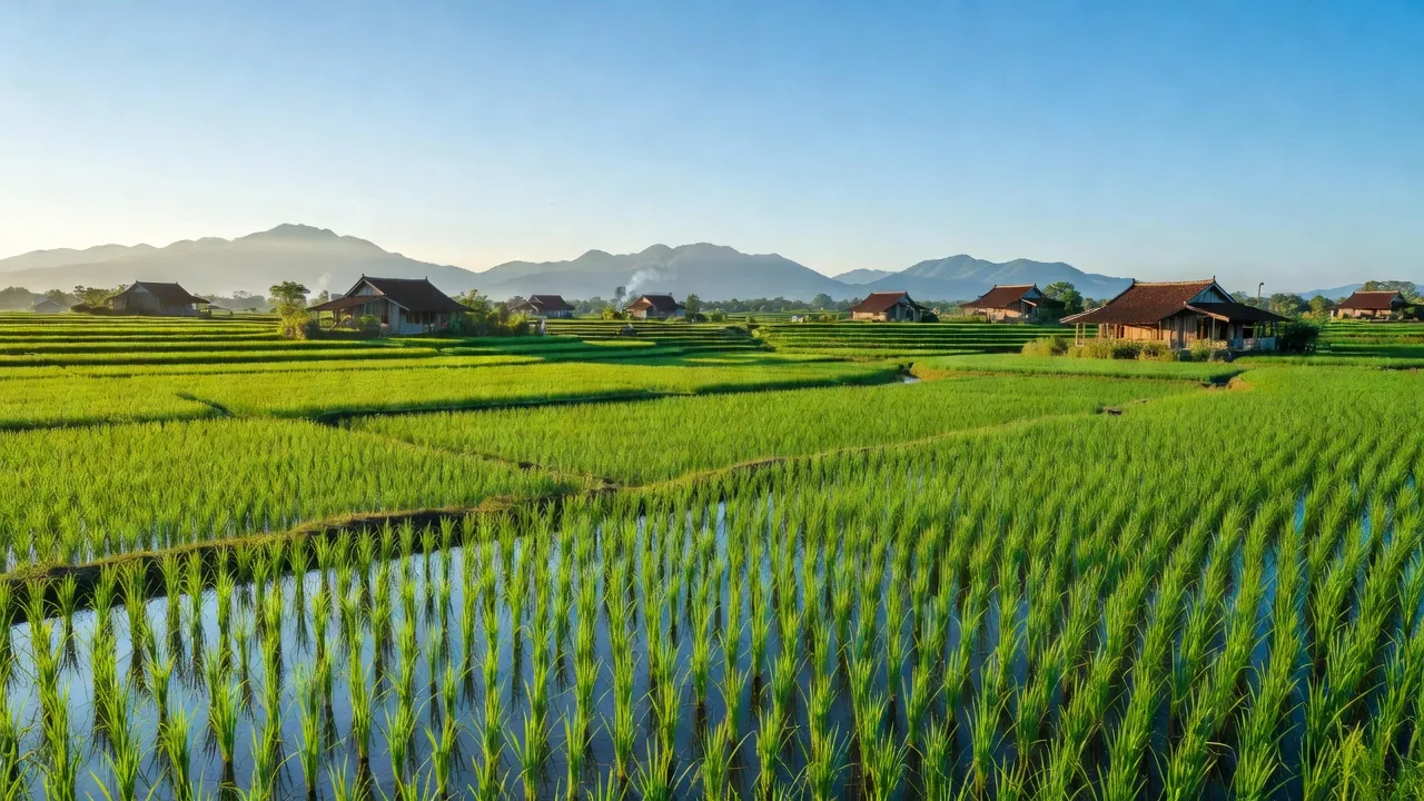 Cảnh đẹp xã Thường Tân, huyện Bắc Tân Uyên, Bình Dương với cánh đồng lúa và nhà truyền thống.