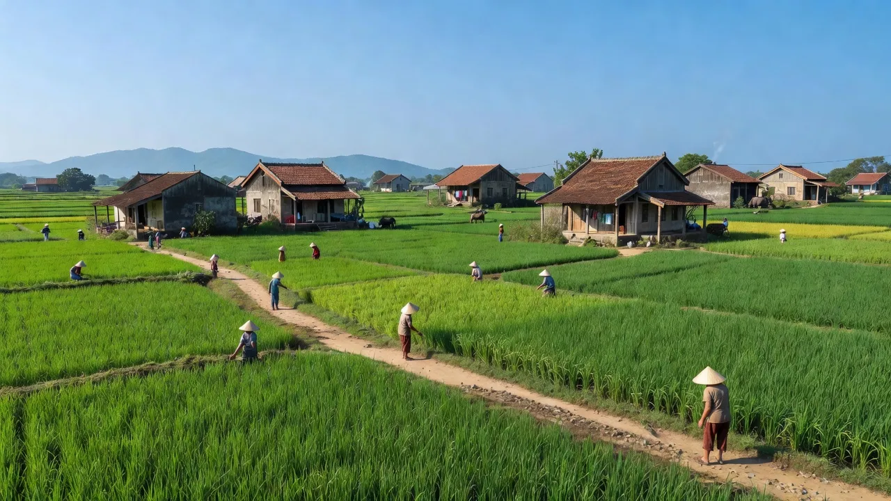 Cảnh đẹp xã Thường Tân, huyện Bắc Tân Uyên, Bình Dương với cánh đồng xanh và nhà truyền thống.