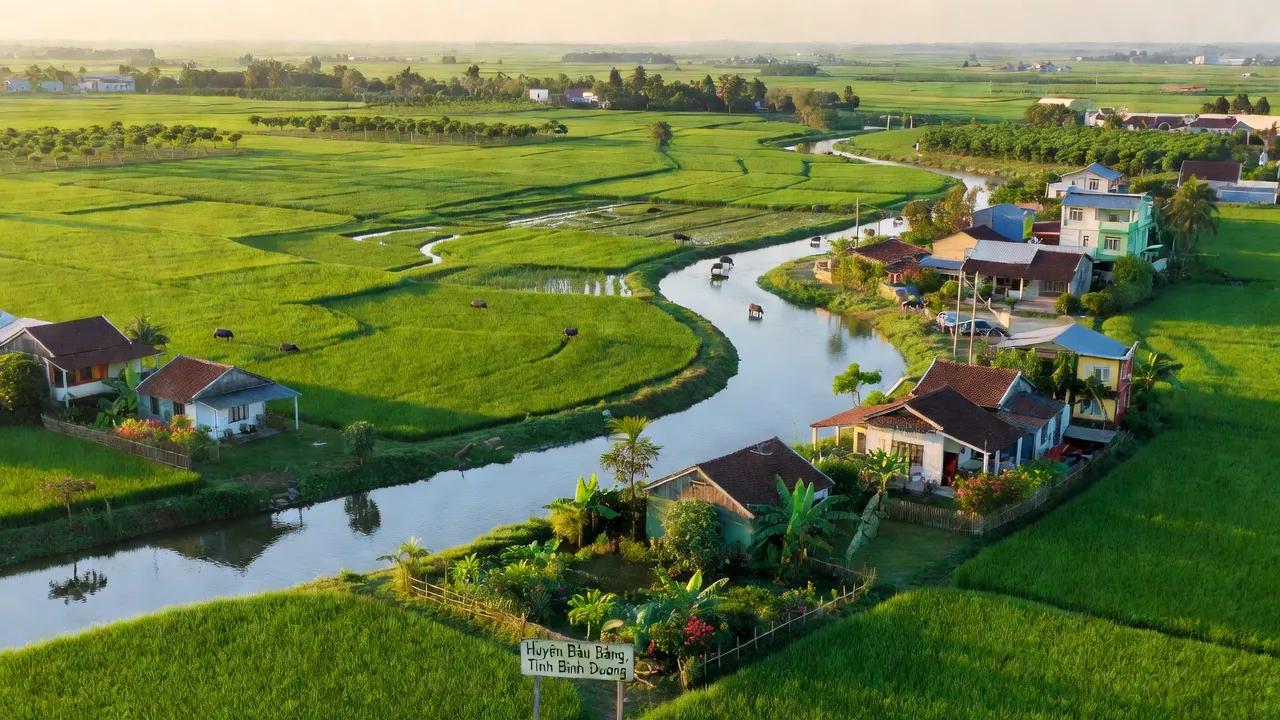 Khung cảnh huyện Bàu Bàng, Bình Dương với cánh đồng xanh và dòng sông yên bình, thể hiện sự phát triển.