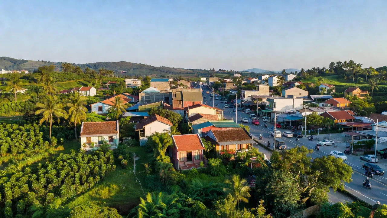 Thị trấn Lai Uyên, huyện Bàu Bàng, tỉnh Bình Dương, cảnh sắc thiên nhiên và kiến trúc địa phương.