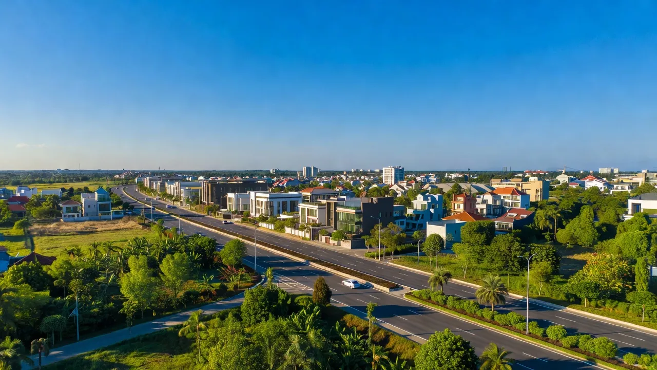 Thị trấn Lai Uyên, huyện Bàu Bàng, tỉnh Bình Dương với bầu trời xanh và cảnh quan xanh tươi.