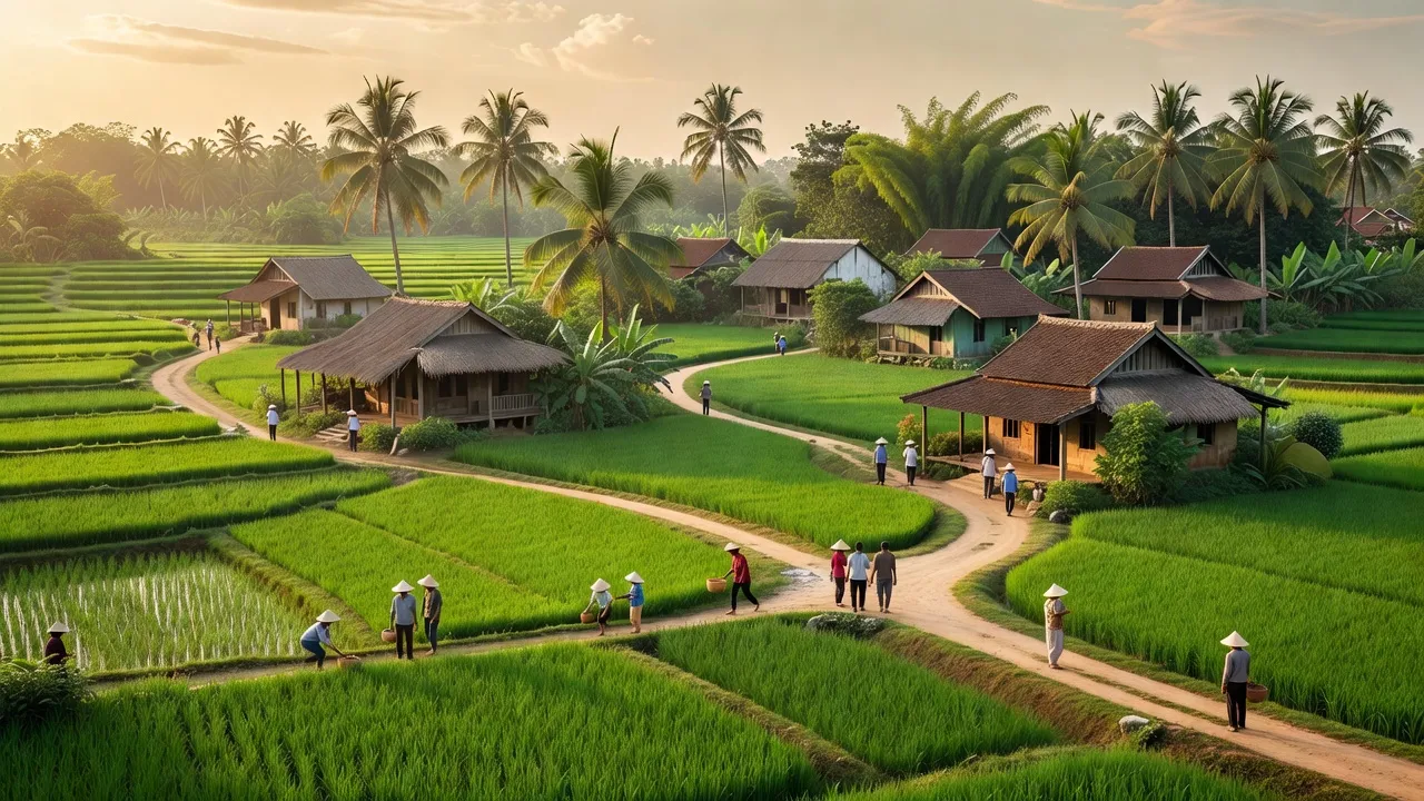 Cảnh đẹp xã Long Nguyên, huyện Bàu Bàng, tỉnh Bình Dương với ruộng lúa và nhà truyền thống.