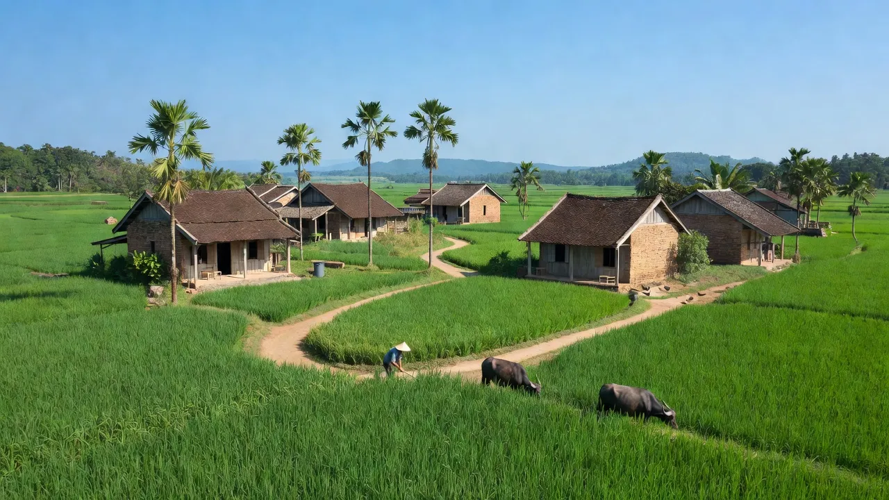Xã Long Nguyên, Huyện Bàu Bàng, Bình Dương, showcasing green fields and traditional Vietnamese houses.