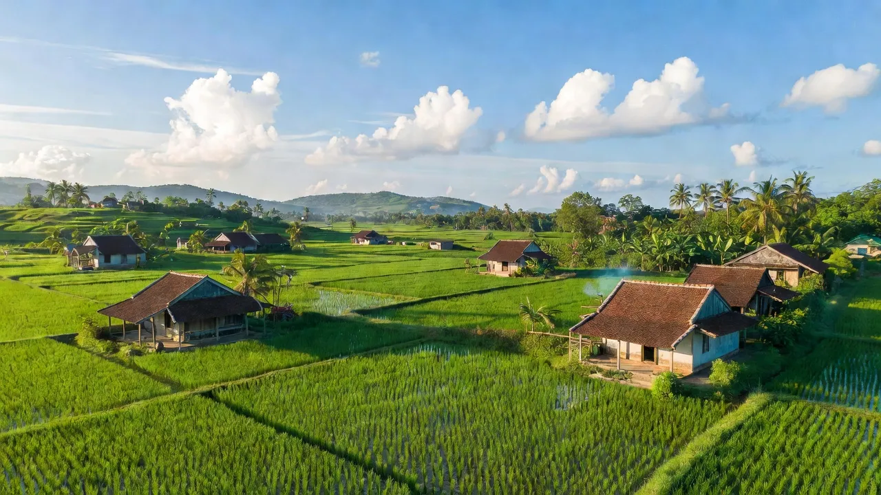 Khung cảnh Tân Hưng, huyện Bàu Bàng, Bình Dương với cánh đồng xanh, nhà truyền thống và bầu trời trong xanh.