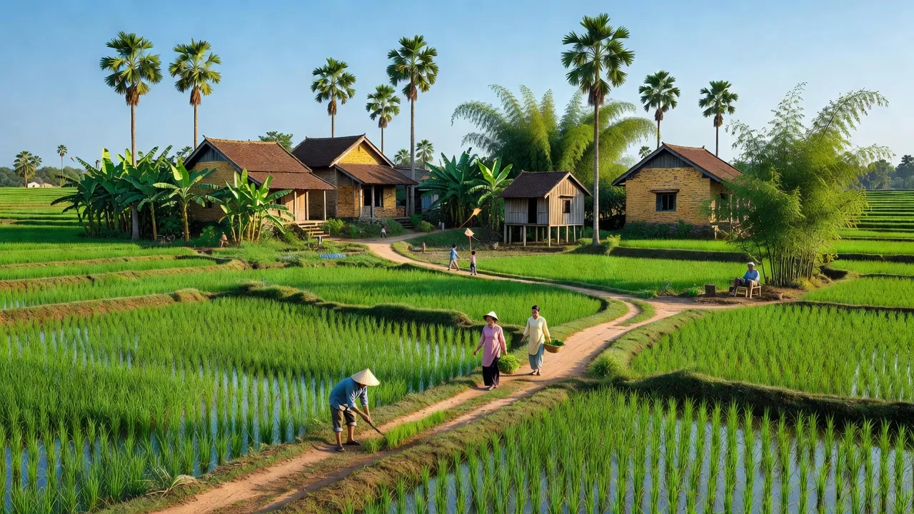 Cảnh quan xã Trừ Văn Thố, huyện Bàu Bàng, tỉnh Bình Dương với cánh đồng xanh tươi.
