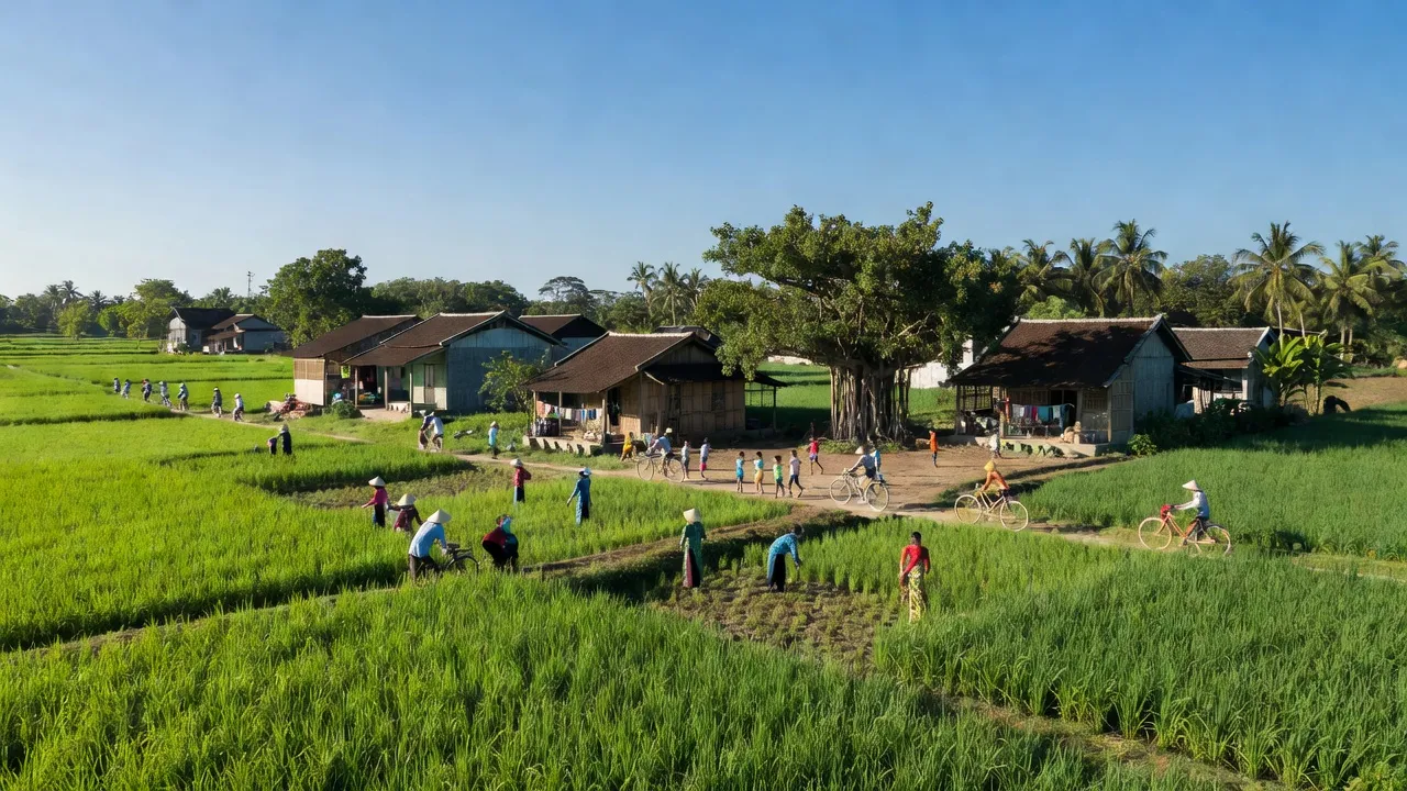 Quang cảnh xã Trừ Văn Thố, huyện Bàu Bàng, Bình Dương với cánh đồng xanh và nhà truyền thống.