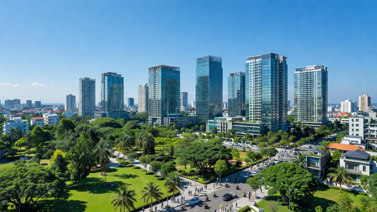 Khung cảnh thành phố Bến Cát, Bình Dương với kiến trúc hiện đại và không gian xanh, ảnh hưởng đô thị.