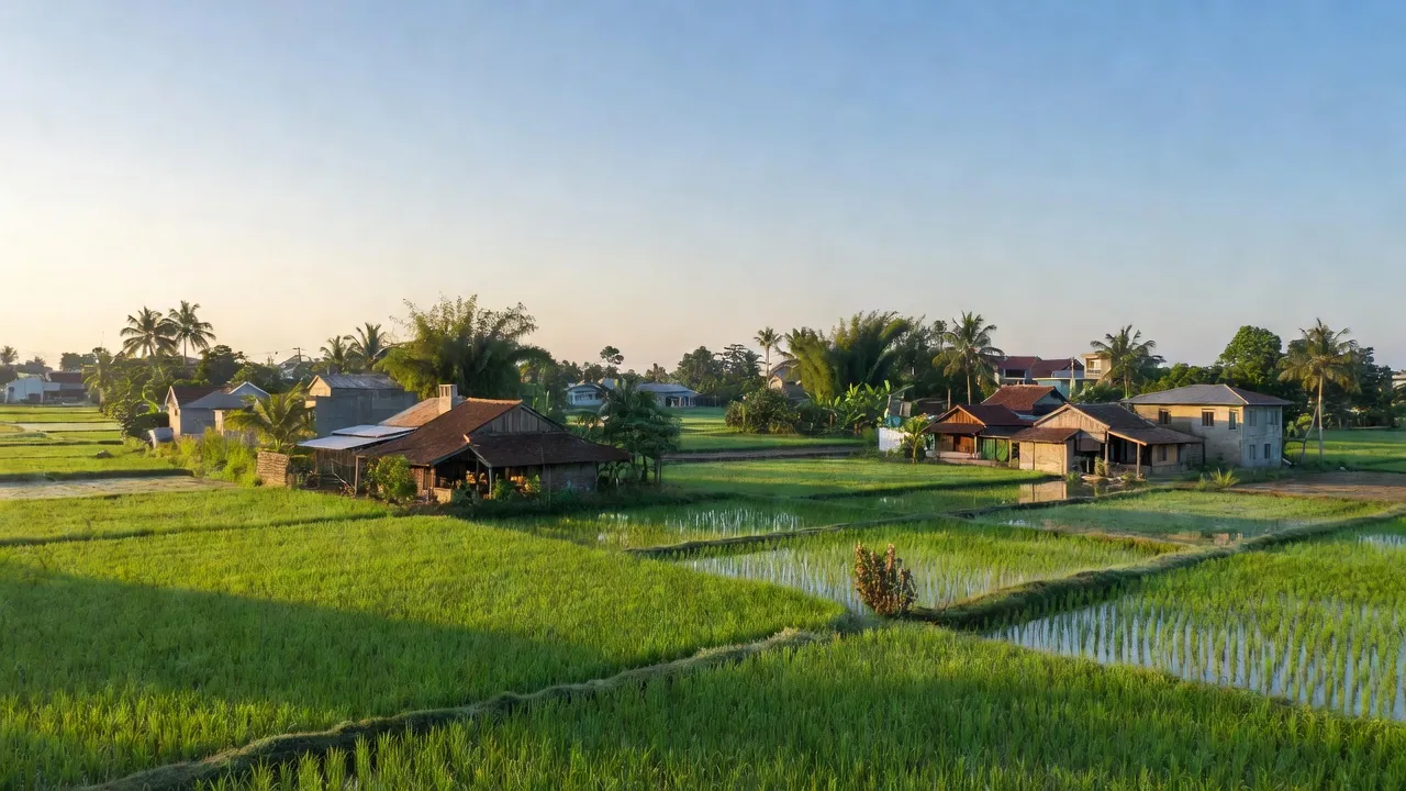 Phong cảnh yên bình tại Phường Hòa Lợi, Thành phố Bến Cát, tỉnh Bình Dương với nhà cửa và đồng ruộng.