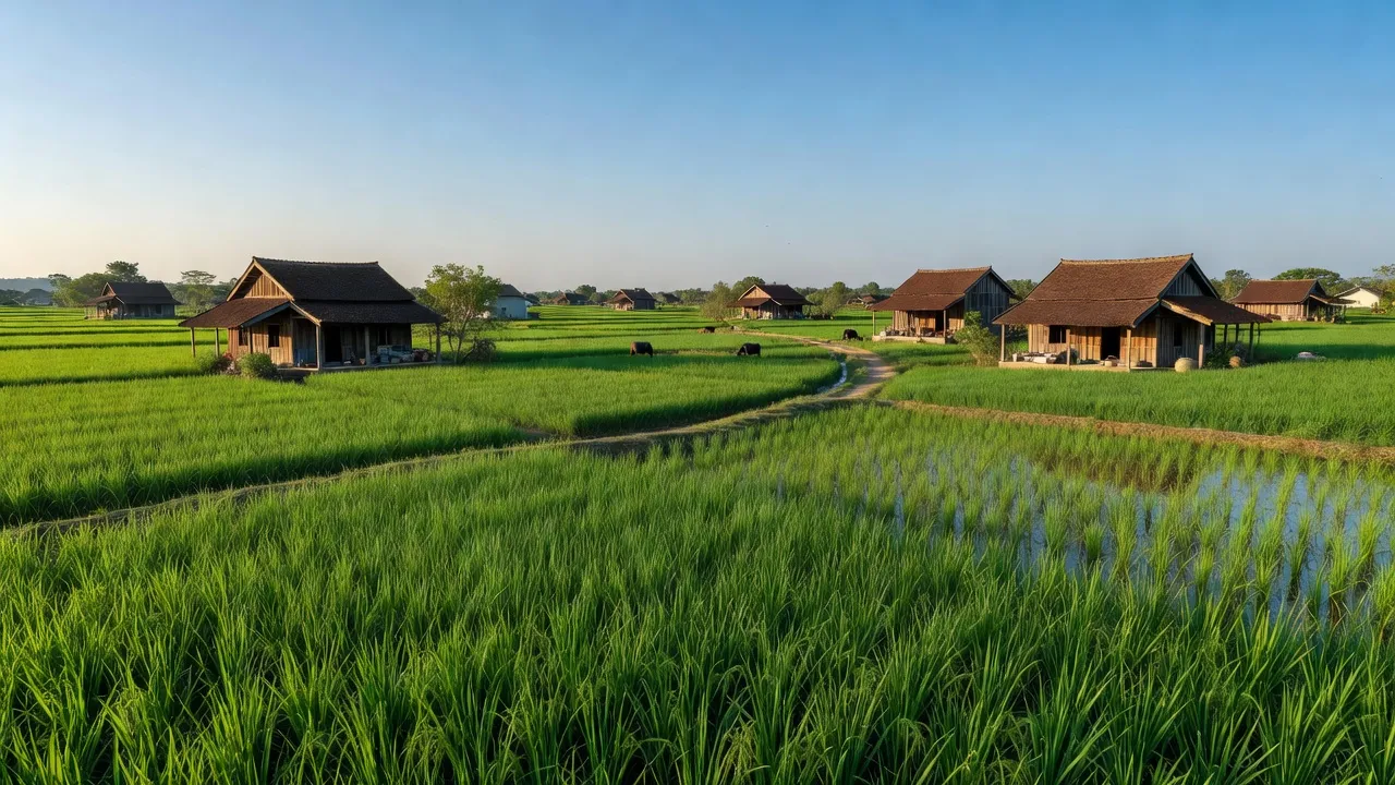 Cảnh đẹp xã Phú An, Thành phố Bến Cát, tỉnh Bình Dương với cánh đồng xanh và nhà truyền thống.