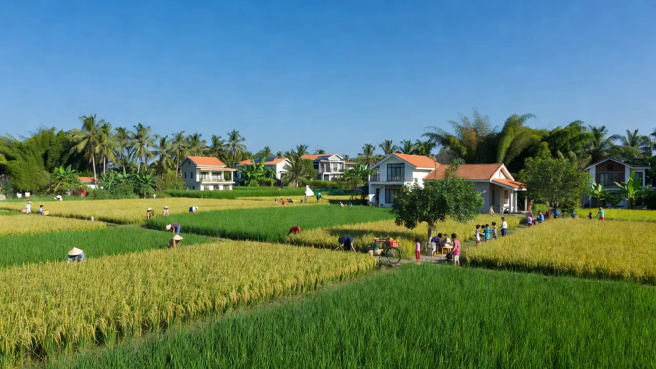 Toàn cảnh Xã Phú An ở Bến Cát, Bình Dương với đồng lúa xanh và nhà hiện đại.