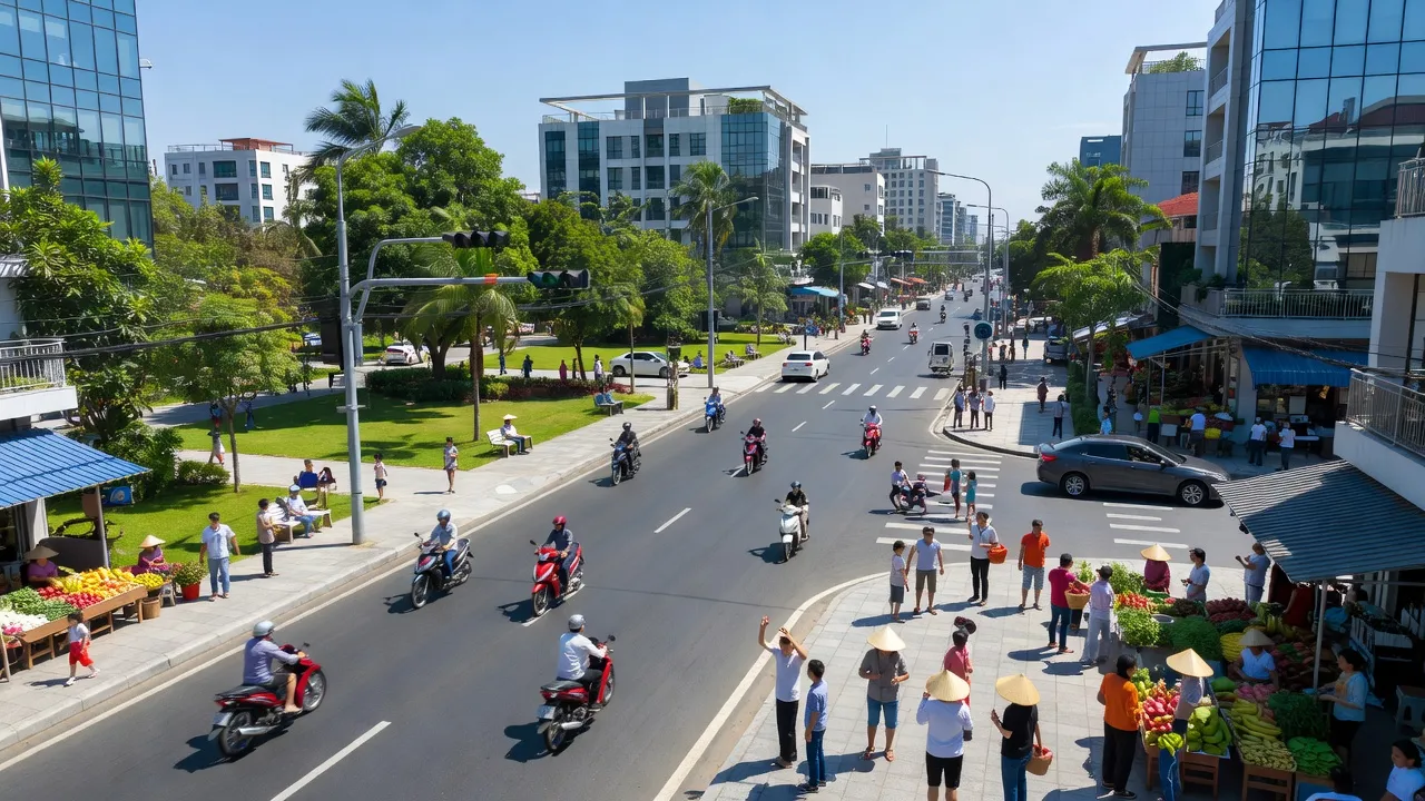 Cảnh quan đô thị hiện đại tại phường Thới Hòa, thành phố Bến Cát, tỉnh Bình Dương, với hạ tầng và cuộc sống sôi động.